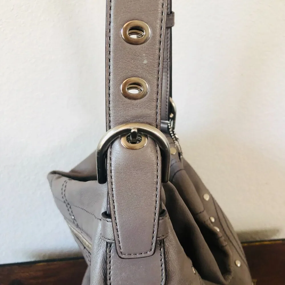 Coach Gunmetal Gray Leather Studded Embossed Hobo Shoulder Bag F16178